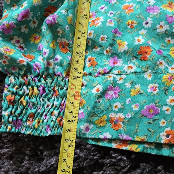Mayeelok 100% Silk blouse shirts green floral flower size large 3/4 puffy elasti - Picture 9 of 12